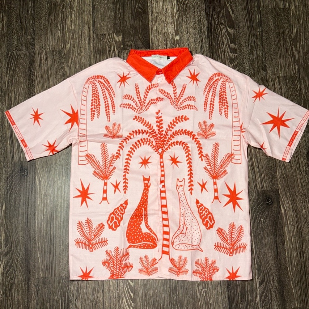 Nice to Meet You Orange Exotic All over Print Button Up Size: XL